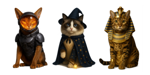 Adorable pet Halloween ideas, trio of cats dressed as wizard, pharaoh, and space knight in elaborate fantasy and historical costumes, isolated on white background for cozy humor, creative styling
