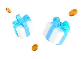 3d white gift box with blue ribbon and flying gold coins. Stock vector illustration on isolated background.