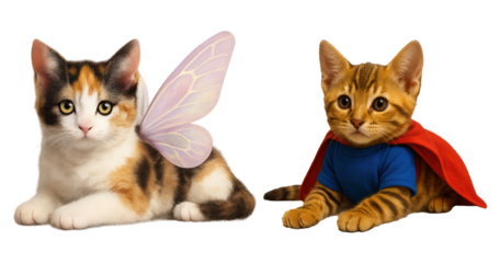 Adorable pet Halloween ideas, whimsical kittens in superhero and fairy costumes, isolated on white background for festive humor, creative pet styling, and cozy seasonal campaign visuals
