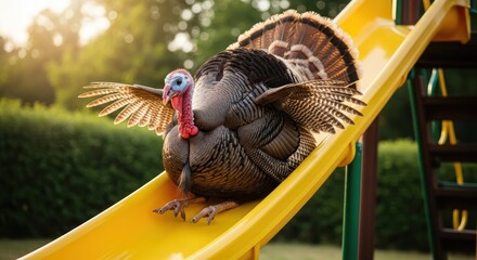 A surprising sight a playful turkey gleefully enjoying a children's slide on a sunny day outdoors
