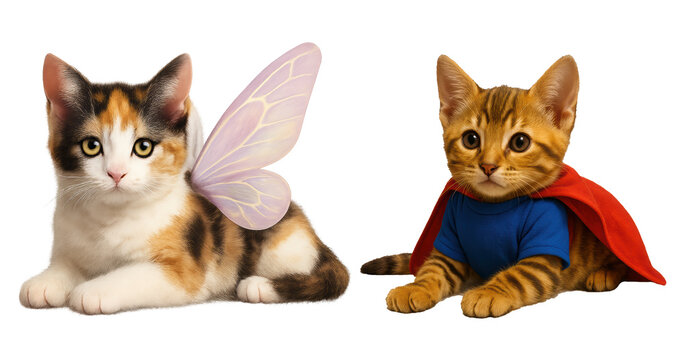Adorable pet Halloween ideas, whimsical kittens in superhero and fairy costumes, isolated on white background for festive humor, creative pet styling, and cozy seasonal campaign visuals
