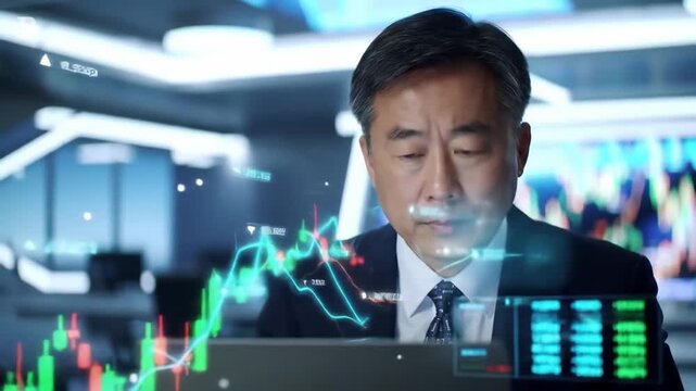 Asian Businessman Analyzing Stock Market Data on Laptop - Powered by Adobe