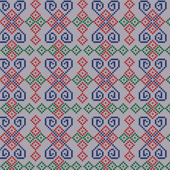 Seamless pixel pattern with geometric motifs inspired by traditional folk and cross-stitch art. Vibrant red, green, and blue design. Perfect for textiles, wallpaper, and wrapping paper. Vector