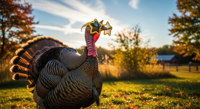 A whimsical scene featuring a turkey wearing star-shaped sunglasses in autumn landscape capturing