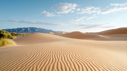 Gentle desert dunes create serene landscape, showcasing patterns shaped by wind