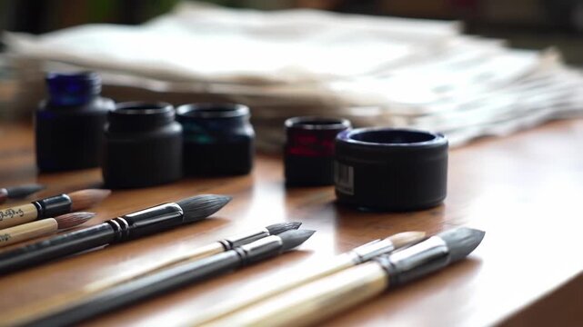 Artist's Workspace: A Collection of Fine Art Brushes and Ink Pots
