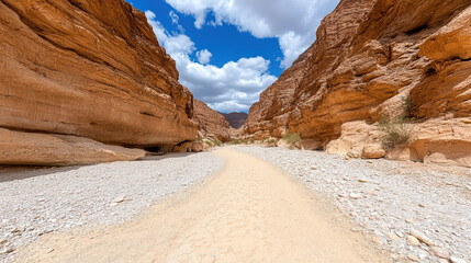 Winding dry riverbed through rocky desert canyon under blue sky with clouds