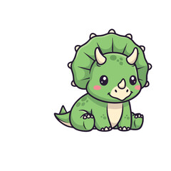 Adorable Green Cartoon Triceratops with Smiling Face and Horns, Sitting Down.