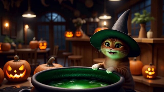 A cute cat in a witch's hat with a witch's cauldron witch cauldron with glowing green potion in halloween cat cafe. Magical mystical light. Concept of halloween fantasy pet scene