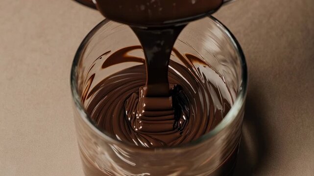 Molten dark brown liquid chocolate cascades into a clear glass, creating intricate swirls and patterns