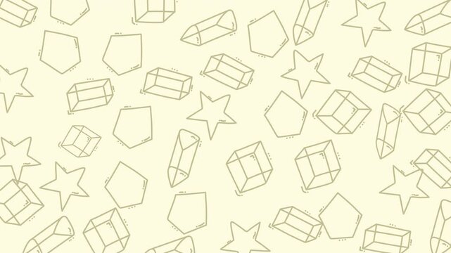 Scattered geometric shapes: stars, pentagons, and cubes on a light yellow background.