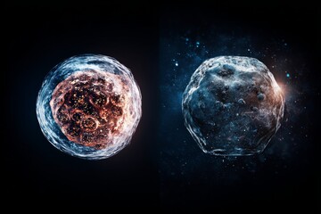 Naklejka premium difference. Two stem cells side by side, one vibrant on Earth, the other withered in starry space. STEM education sheets, lab safety posters, designed for biotech research communications. 