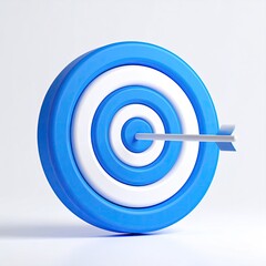Blue and white target, arrow in bullseye on white backdrop