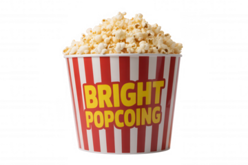 A bucket of bright popcorn with red and transparent background white stripes on a black background