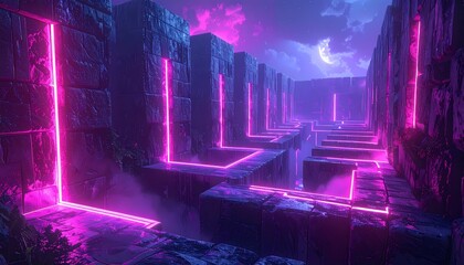 Obraz premium Mysterious Neon-Lit Labyrinth Under a Crescent Moon.