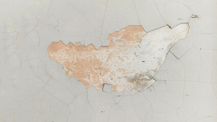 Close up of an old wall with cracked and peeling white paint, showing aged texture and weathered surface details.