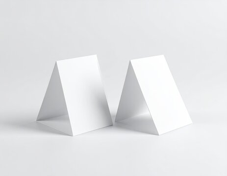 Two white, blank, triangular prisms on a white surface