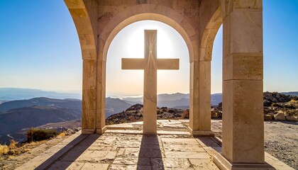 Stone cross in arched chapel, sunlit, mountain view