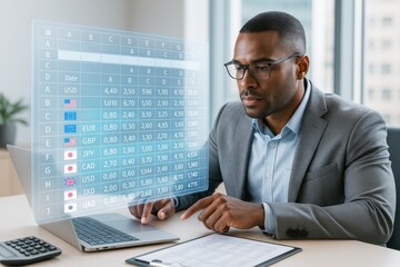 Business professional analyzing financial data on futuristic digital interface screen in office setting with light modern background concept. Ai generative