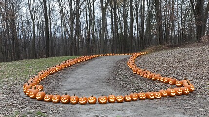 Eerie path in misty woods decorated with glowing carved pumpkins on edges