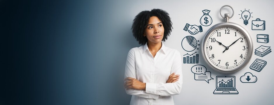 Businesswoman thinking with clock and business icons on light background, concept of time management, productivity, and planning template.