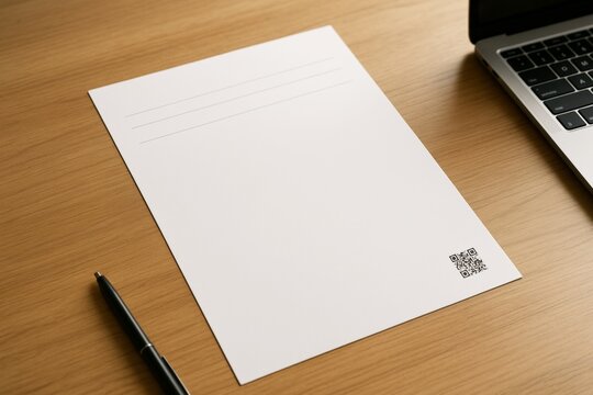 Blank business letterhead paper with QR code on wooden desk near laptop and pen, minimal and light background concept for creative workspace.. Ai generative