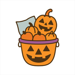 Joyful halloween candy bucket overflowing with carved pumpkins and treat paper vector