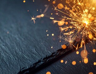 Macro sparkler emitting golden sparks against dark slate festive background
