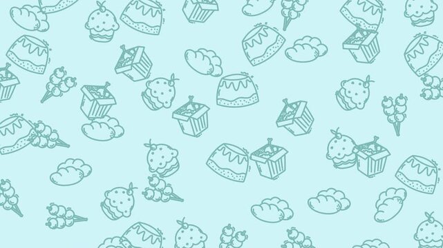 A light blue background featuring a repeating pattern of various cartoon-style desserts and pastries.