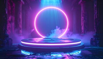 Futuristic Neon Podium with Glowing Ring and Smoke for Product Display.