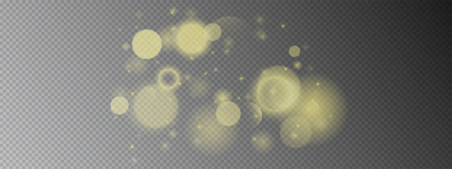 Golden bokeh light effect on transparent background. Scattered luminous circles, starbursts, and glitter specks with soft yellow glow. Vector pattern overlay for festive templates, luxury graphics.
