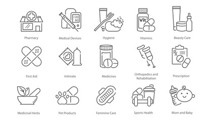 Pharmacy line icon set. Drug store, medical devices, hygiene products, vitamin bottle, beauty cosmetics, first aid bandage minimal vector illustration.  Editable Stroke.