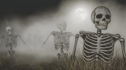 Animated skeletons performing dance routine in foggy graveyard lit by moonlight