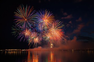 Spectacular Fireworks Display Over Reflective Water Surface Against a Dark Night Sky with Colorful Explosions and Atmospheric Effects