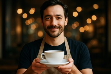 Smiling barista holding a cup of coffee with warm light bokeh in background inside cozy café interior, creating inviting and friendly atmosphere. Ai generative