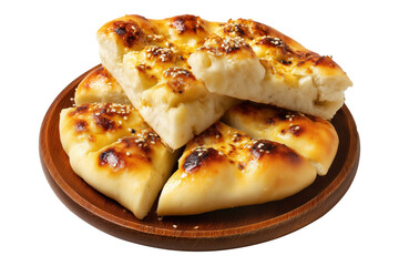 Manakish freshly baked round Turkish flatbread with za'atar, cheese or minced meat on wooden plate isolated on white transparent background, concept of traditional cuisine