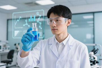 Ultra-realistic 8K shot of a researcher holding a transparent vial with blue liquid, with digital hologram interface overlay