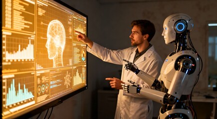 A male researcher and an advanced AI robot working together in a lab, analyzing complex neurological data on a large interactive screen