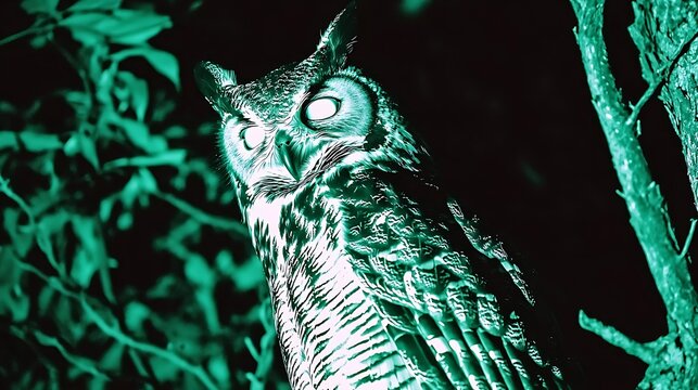 Dark spooky forest with owl perched on haunted tree branch eyes glowing in shadow