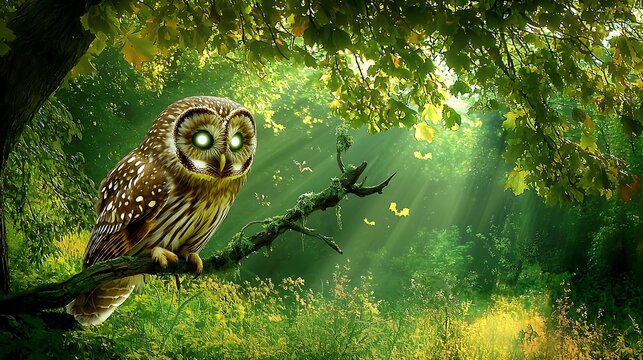 Dark spooky forest with owl perched on haunted tree branch eyes glowing in shadow - Powered by Adobe