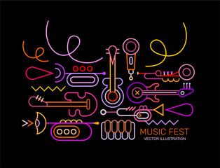Neon colors isolated on a black background Musical Instruments Line Art Design vector illustration. 