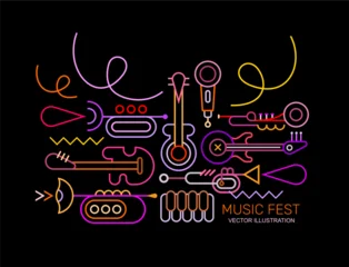 Keuken achterwand Abstracte kunst Neon colors isolated on a black background Musical Instruments Line Art Design vector illustration.   ©  danjazzia