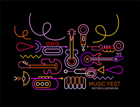 Neon colors isolated on a black background Musical Instruments Line Art Design vector illustration. 