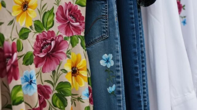 Assortment of colorful floral apparel hanging indoors closeup