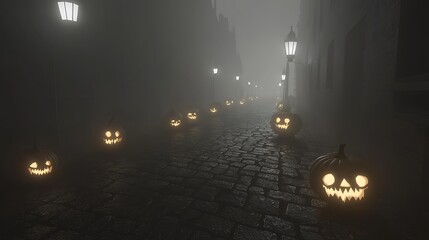 Dark cobblestone path lined with flickering carved pumpkin lanterns in fog