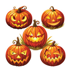 Vector illustration Five glowing jack o lantern pumpkins with carved faces on white