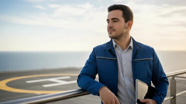 Confident businessman on a helipad looking towards the future. Ambitious professional with a vision for success. Corporate leadership and industry concept
