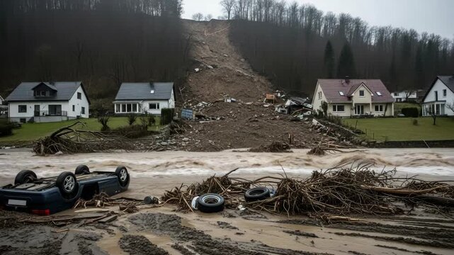 Aftermath of a devastating flood and landslide in a village. Overturned car in a muddy, overflowing river. Natural disaster and climate change concept