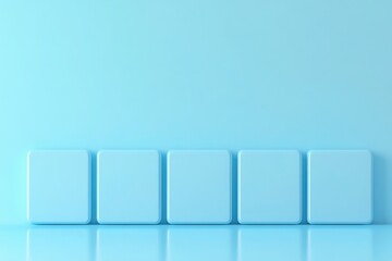 Five blue square blocks on glossy blue background with soft shadows Perfect for product display tech mockups or clean 3D visuals