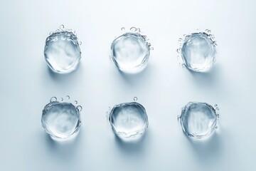 Six crystal-clear water droplets on a smooth white surface, captured with sharp lighting and soft shadows.